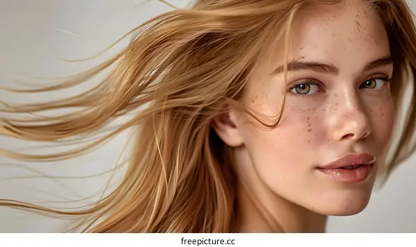 Close Up Portrait of a Woman with Blonde Hair and Freckles