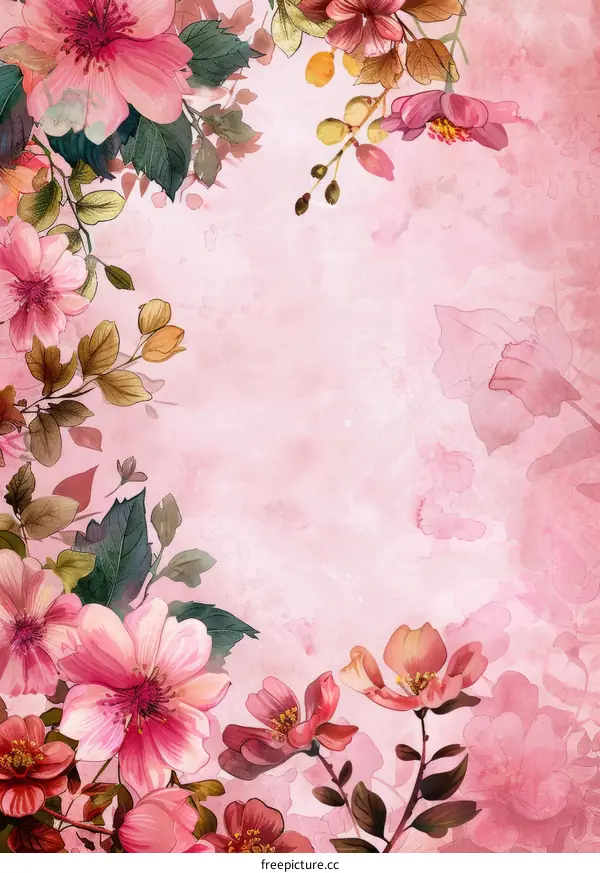 Pink flowers and leaves on a pink background