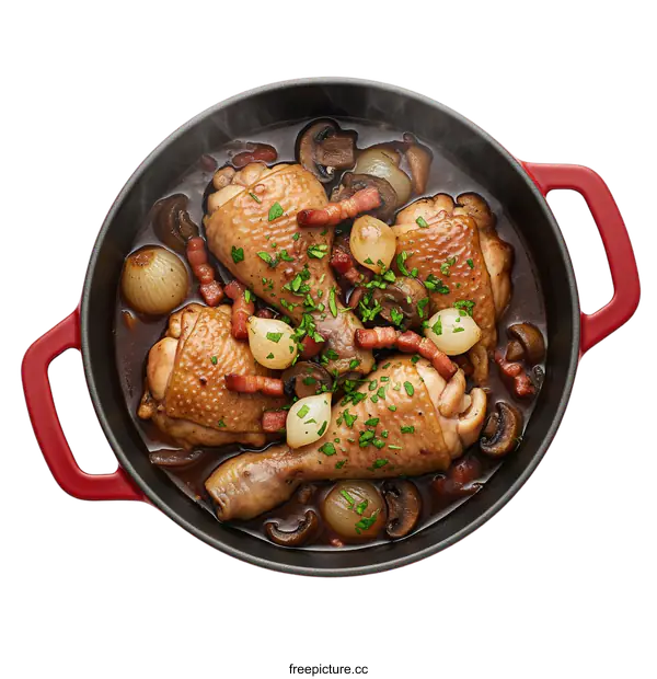 [Transparent Background PNG]Delicious chicken stew with mushrooms onions and bacon in a pot