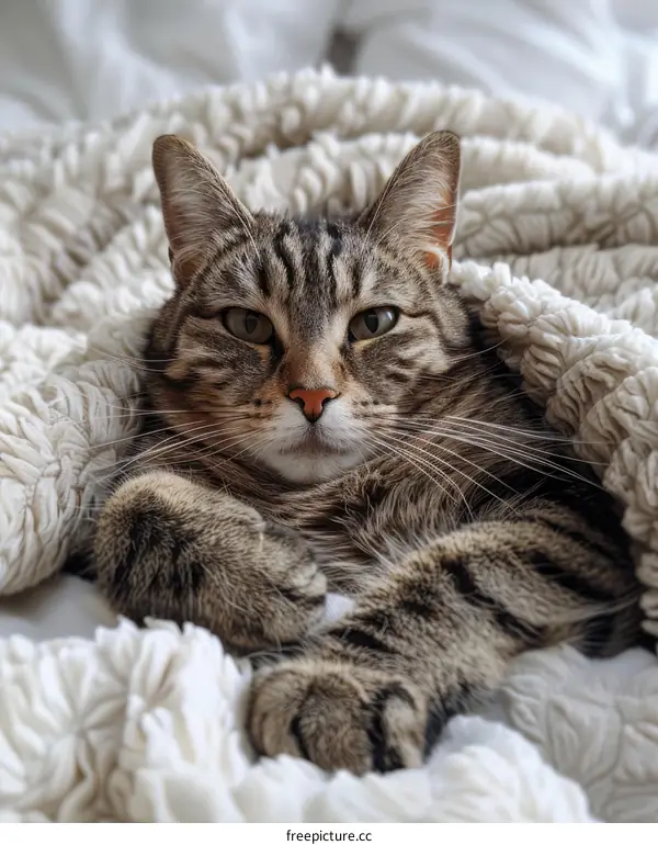A ginger cat is lying on a white blanket