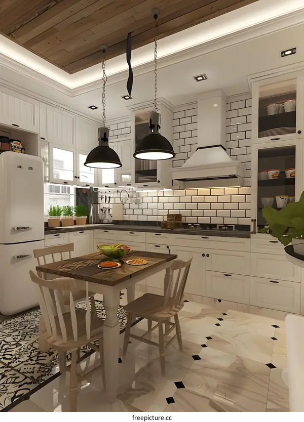Modern White Kitchen with Wooden Ceiling and Black Pendant Lights