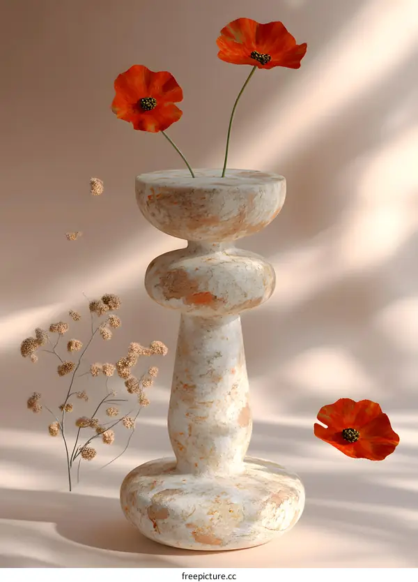 Modern Still Life Photography with Red Poppy Flowers and White Vase