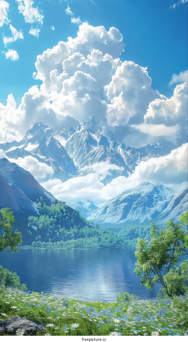 Majestic Mountain Lake Scenery Illustration
