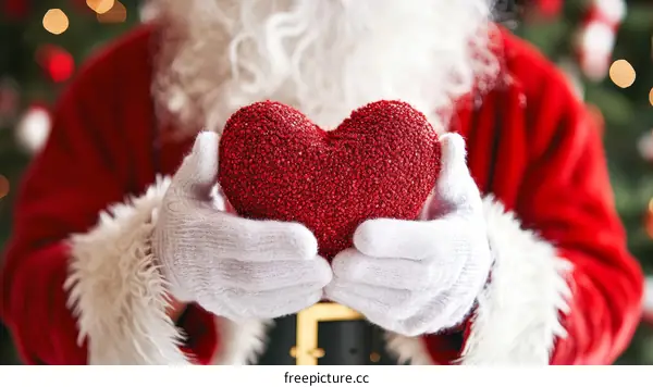 Santa Claus Holding a Red Heart Christmas Gift