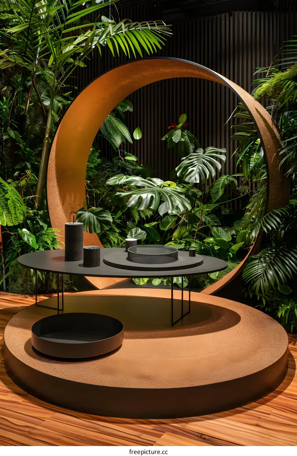 Circular Gold and Black Interior Design with Lush Greenery