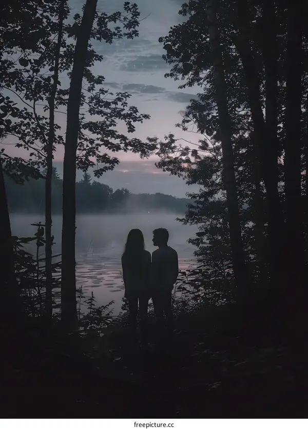 Silhouettes of a Couple Standing by the Lake at Sunset