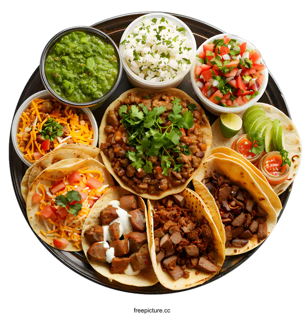[Transparent Background PNG]A variety of Mexican tacos with various fillings and toppings.