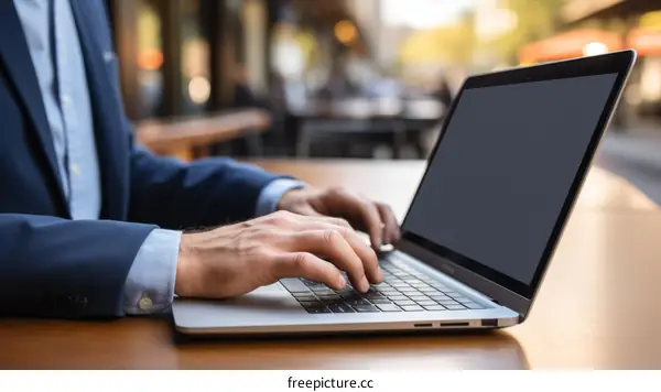 Businessman working on laptop in outdoor seating area