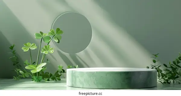 Green and white marble podium with clovers for St Patrick's Day. 3D rendering.