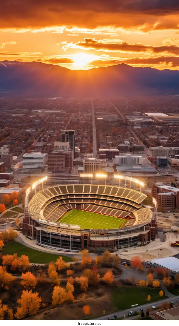 Aerial view of a football stadium at sunset