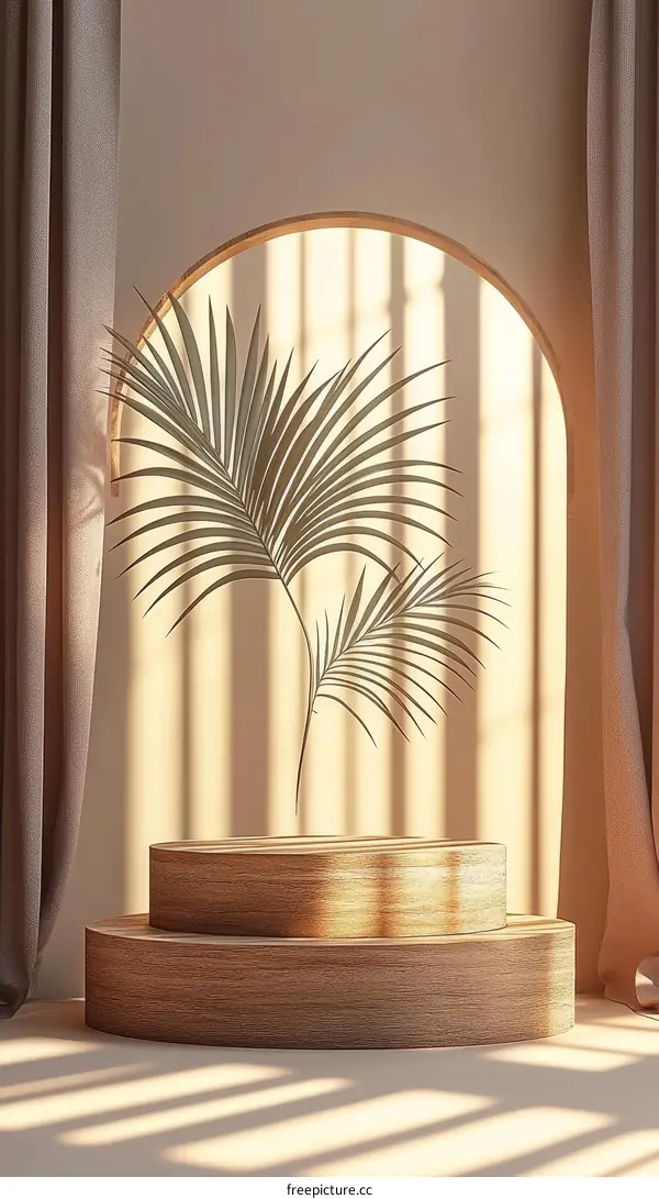 Elegant Wooden Display Stand with Sunlight and Tropical Plant