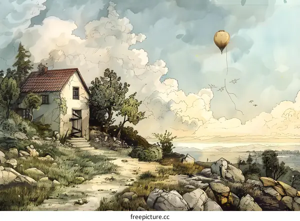 Watercolor Painting of a Rustic House with a Hot Air Balloon in the Sky