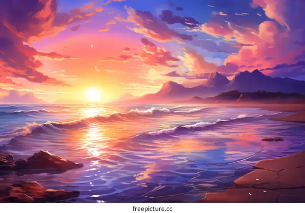 Soothing Beach Sunset with Enchanting Mountains