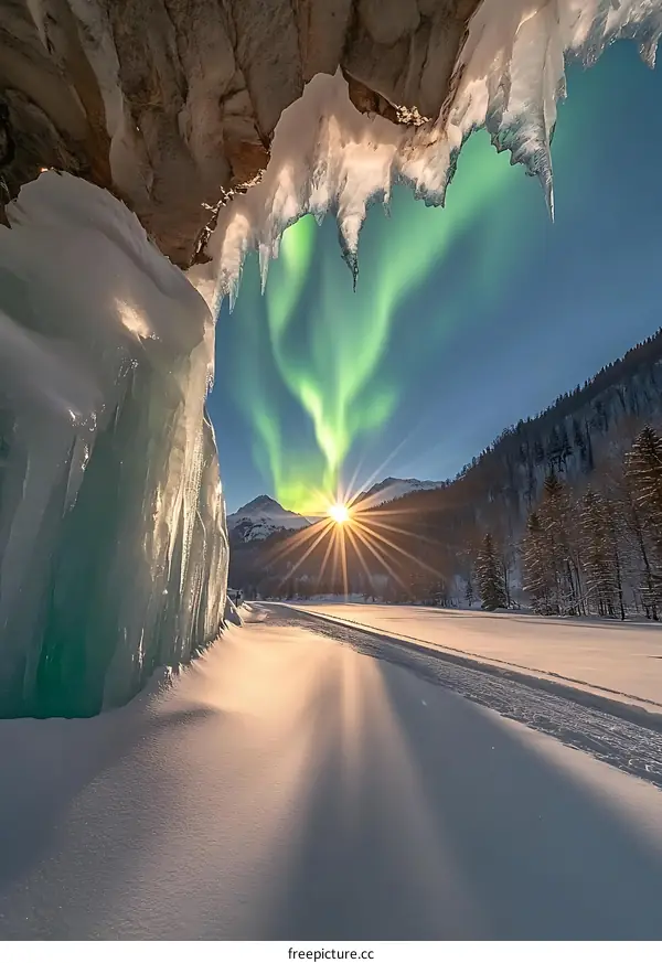 Northern Lights Shining Through Ice Cave