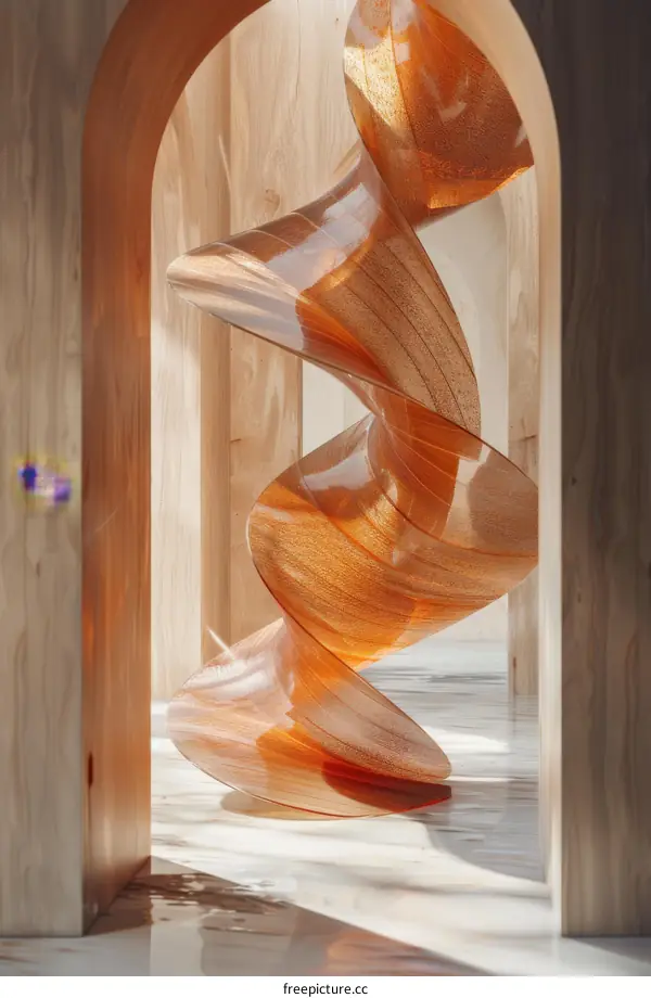 Abstract Wooden Spiral Sculpture in Architectural Setting