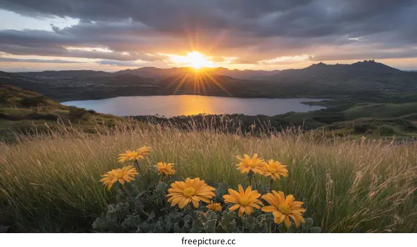 Sunset over the Lake with Wildflowers