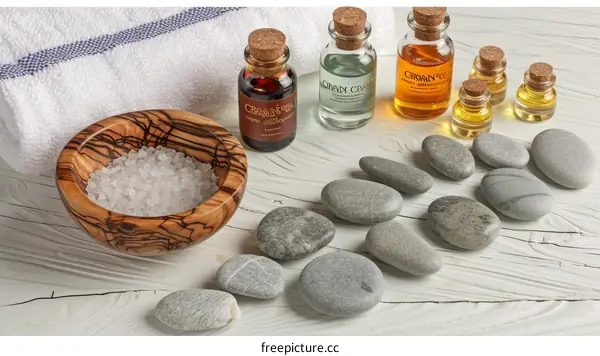 Spa products with stones and salt on a whitewashed wooden background