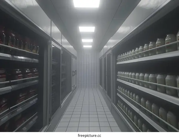 Empty Supermarket Aisle with Shelves of Products