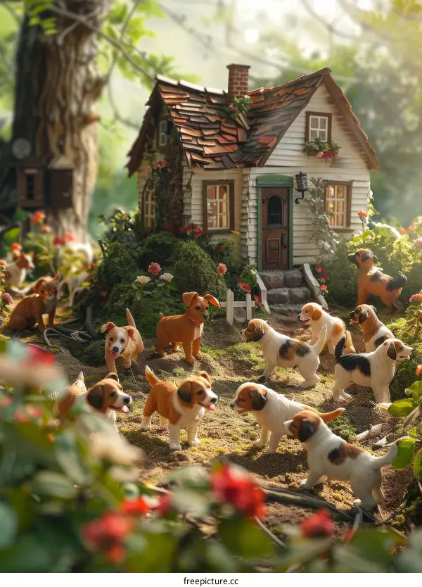 Playful Puppies in a Fairy Tale Cottage Garden