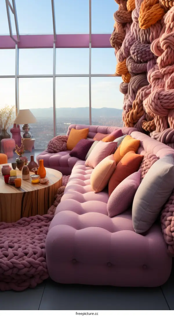 A cozy living room with a large pink sectional sofa and a view of the city