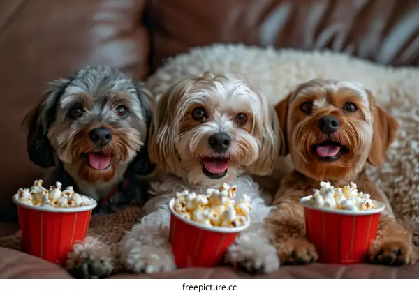 Three adorable dogs sitting on a couch and watching TV