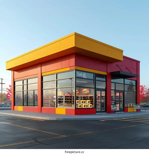 Modern gas station with large glass windows and bright yellow awning