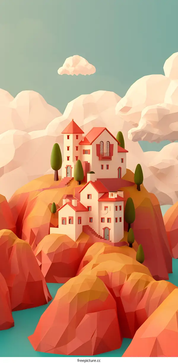 Low Poly Village on a Mountain