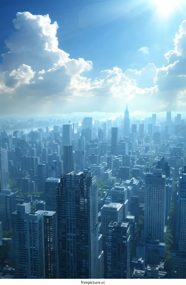 Aerial View of a Modern City with Cloudy Sky