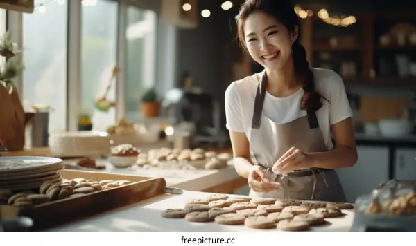 Portrait of a happy young Asian woman baking in the kitchen