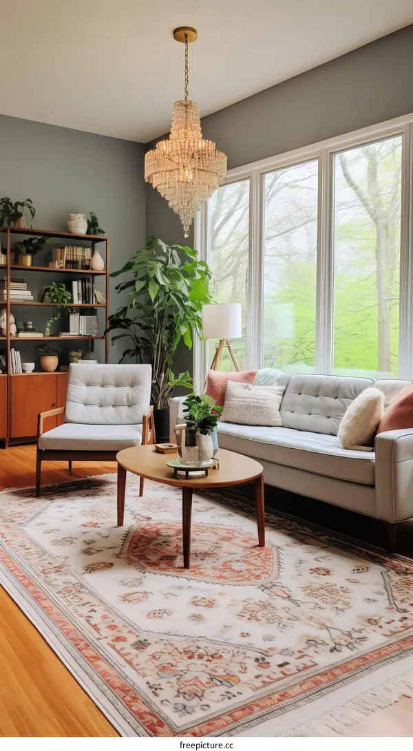 A mid-century modern living room with a large windows