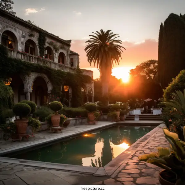 Courtyard of a Spanish villa with swimming pool