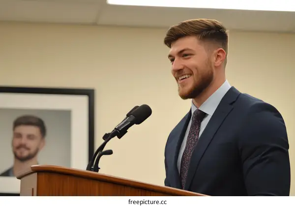 Smiling Man Giving Speech at Podium