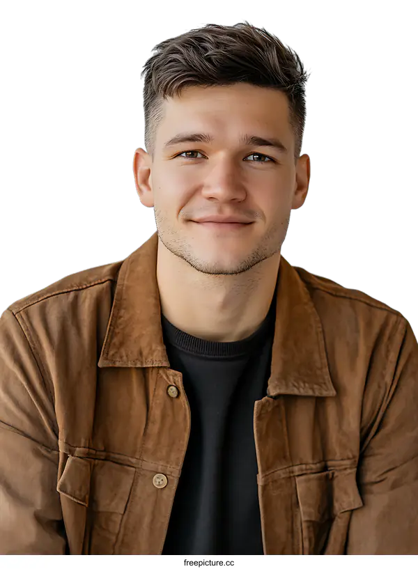 [Transparent Background PNG]Portrait of a Smiling Caucasian Man Wearing a Brown Jacket