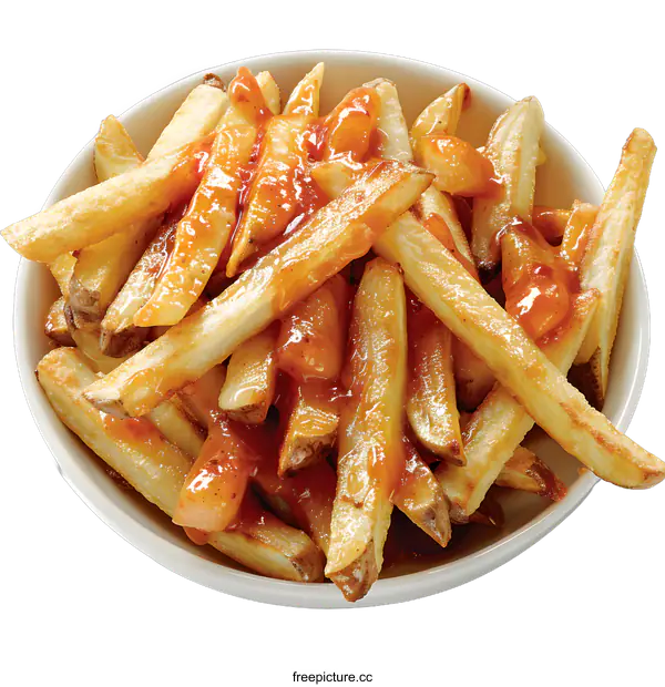 [Transparent Background PNG]A bowl of poutine, a Canadian dish of french fries, cheese curds, and gravy.