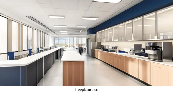 Modern Office Interior Design With White Countertop And Blue Cabinets