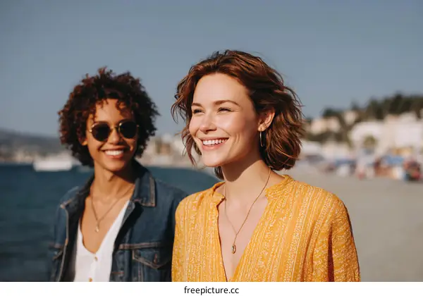 Two women enjoying a sunny beach day