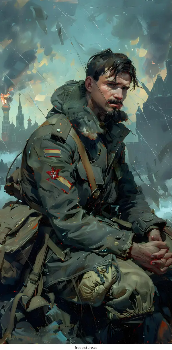 A soldier sits on a pile of rubble in a war-torn city.