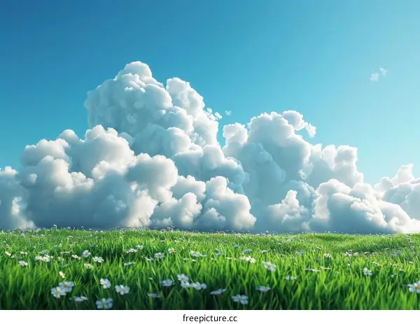 White Clouds in the Sky with Flowers on the Grass