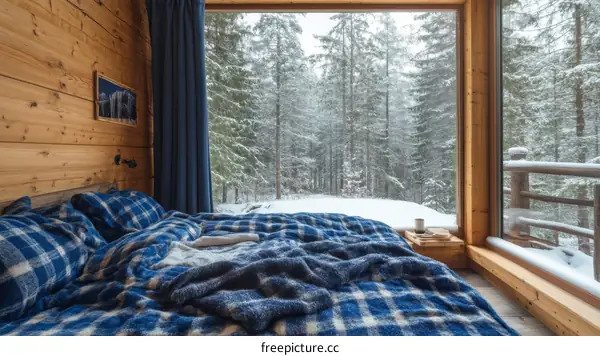 Cozy Winter Cabin Bedroom with Snowy Forest View