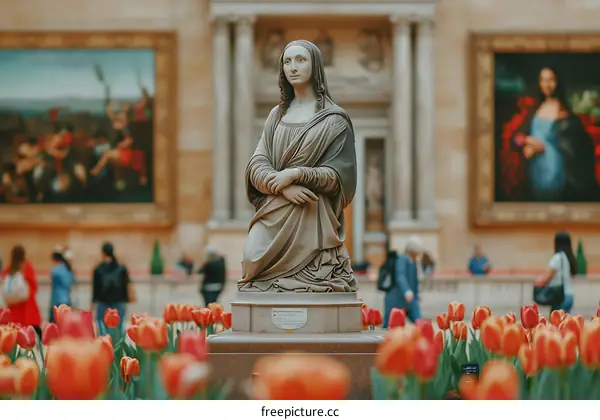 Statue of Mona Lisa in the Louvre Museum with Tulips in the Foreground
