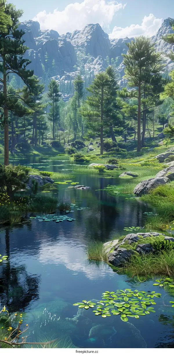 Tranquil Mountain Lake Surrounded by Lush Vegetation