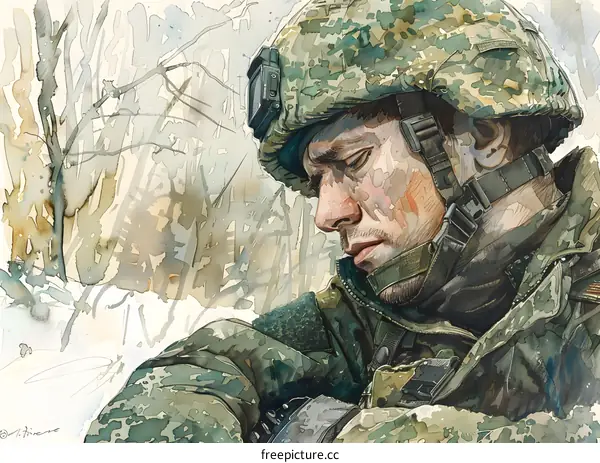 Aquarelle of a soldier wearing a helmet