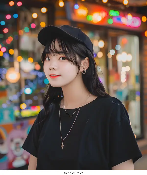 Young Asian Woman In Black T Shirt Wearing A Baseball Cap In Front Of Blurred Lights