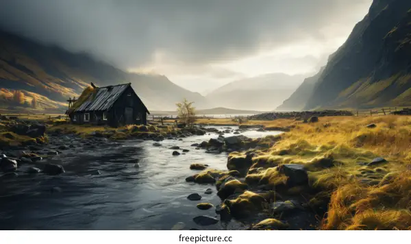 Thatched roof house in valley with stream in foreground