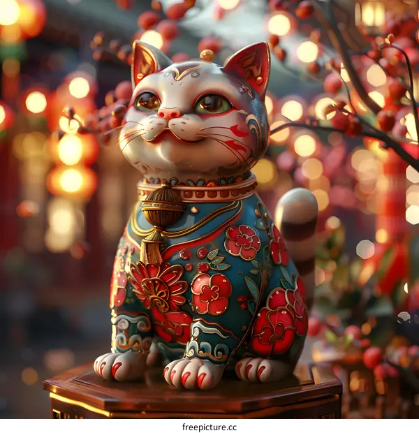 A cute beckoning cat, decorated with traditional Chinese floral patterns, symbolizing good luck and fortune.