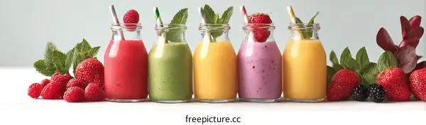 Colorful Fruit Smoothies in Small Bottles