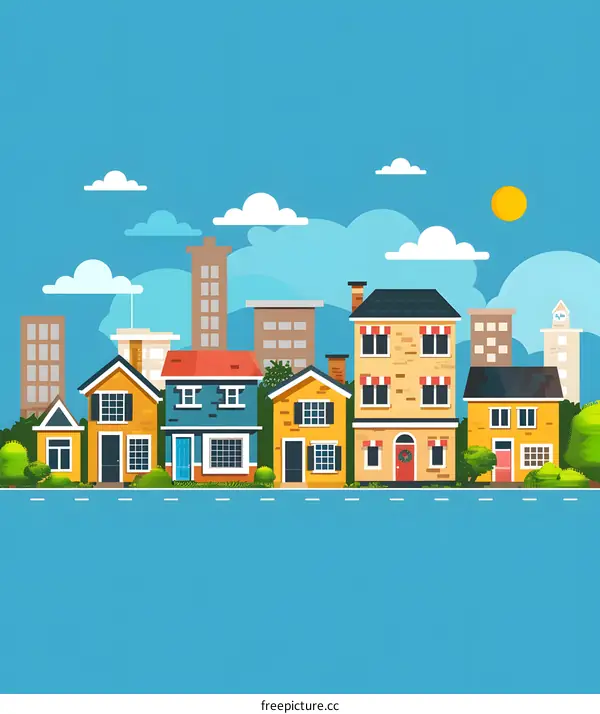 Cartoon Illustration of Colorful Houses in a Neighborhood