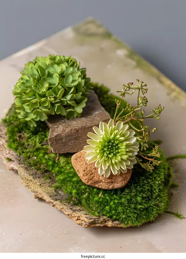 Green Flower with Rocks and Moss