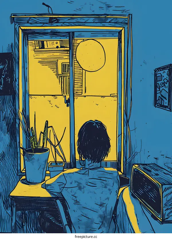 Person Sitting by Window Looking Out at Cityscape