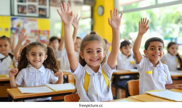 Elementary School Children Raising Hands in Classroom